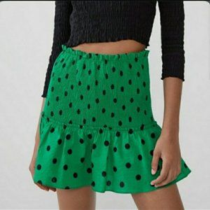 Zara Smocked Polka Dot Mini Skirt | Medium | Green, Black
